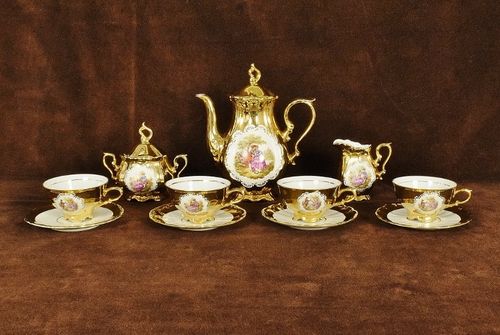 B1643 - Splendid Antique German Gilded Porcelain Coffee Set, 18th Century Romantic Scene