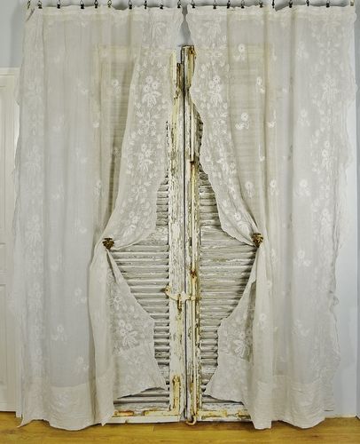 B1648 - Fabulous PAIR Antique French Fine Muslin Cornely Lace Curtains / Drapes 19th Century