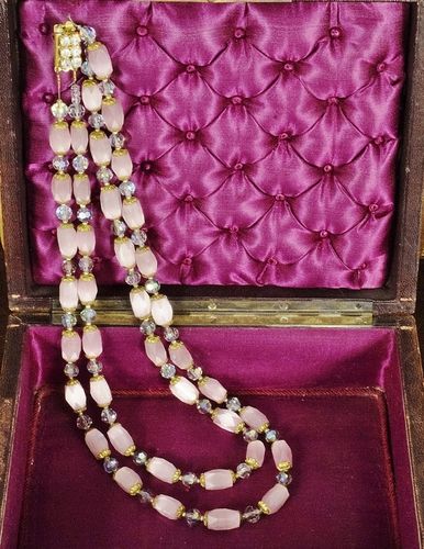 B1660 - Gorgeous Vintage French Double Strand Threaded Bead Necklace, Diamante Clasp
