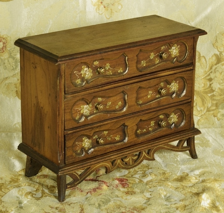 B1663 - Sublime Antique French Miniature / Doll's Chest Of Drawers Painted Flowers C1900
