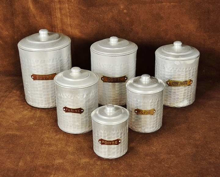 B1699 - Superb Set 6 Antique French Aluminium Kitchen Storage Jars / Canisters Circa 1920
