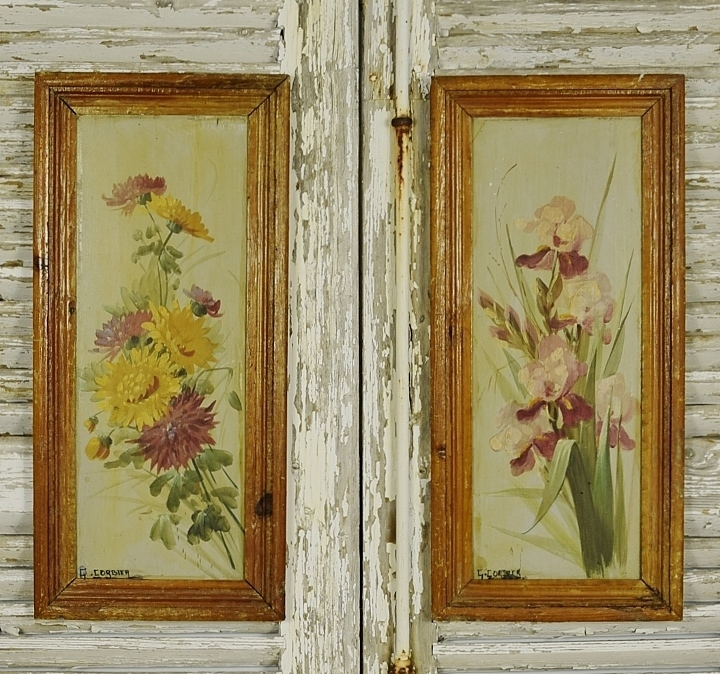 B1716 - Pair Delightful Antique French Framed Flower Paintings On Wood, Irises & Chrysanthemums