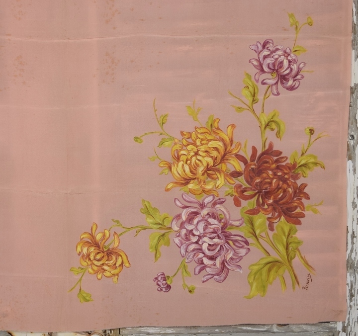 B1730 - Divine Panel Antique French Coral Coloured Silk Hand Painted With Chrysanthemums