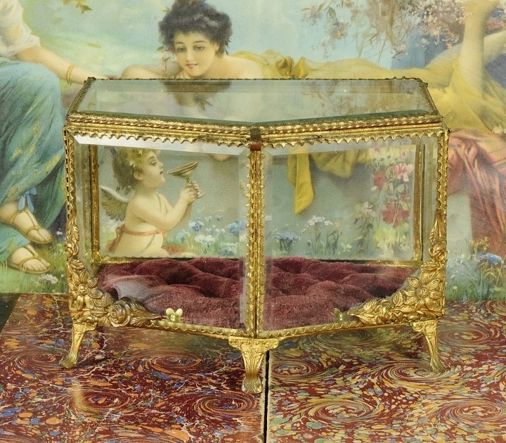 B1753 - Superb Large Antique French Glass Display Marriage Casket, Jewellery Box, 19th Century