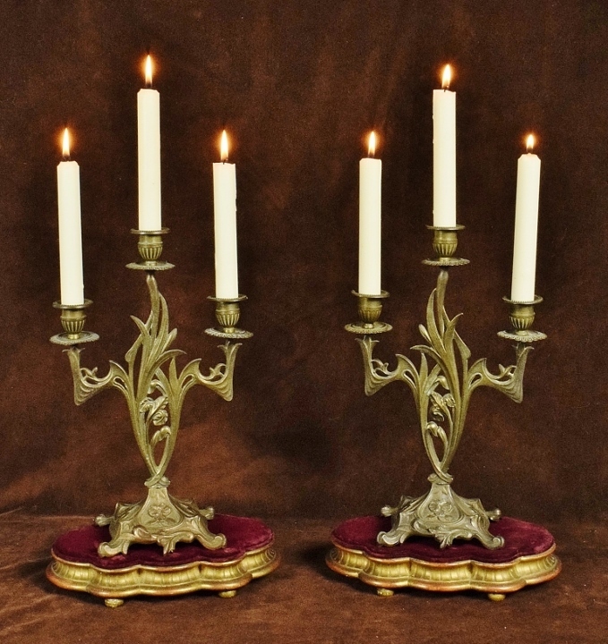 B1800 - Stunning Pair Antique French Art Nouveau Triple Arm Iris Candlesticks, Circa 1900