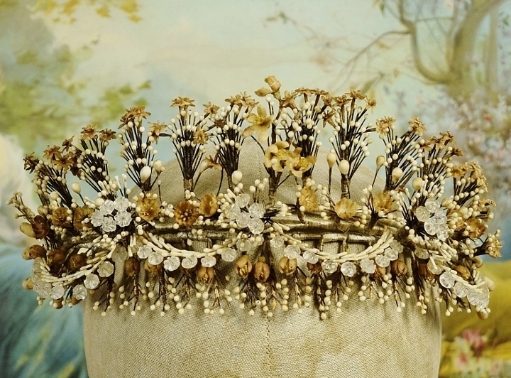 B1808 - Fantastic Antique French Wax Bud Marriage, Wedding, Bridal Couronne, Tiara, Crown