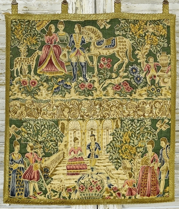 B1823 - Superb Vintage French Printed Linen 'Tapestry' Wall Hanging, 18th C Society Scenes