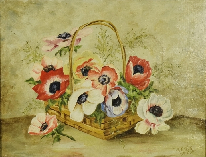 B1829 - Gorgeous Vintage French Framed Oil On Board Painting, Anemones In Basket 1947