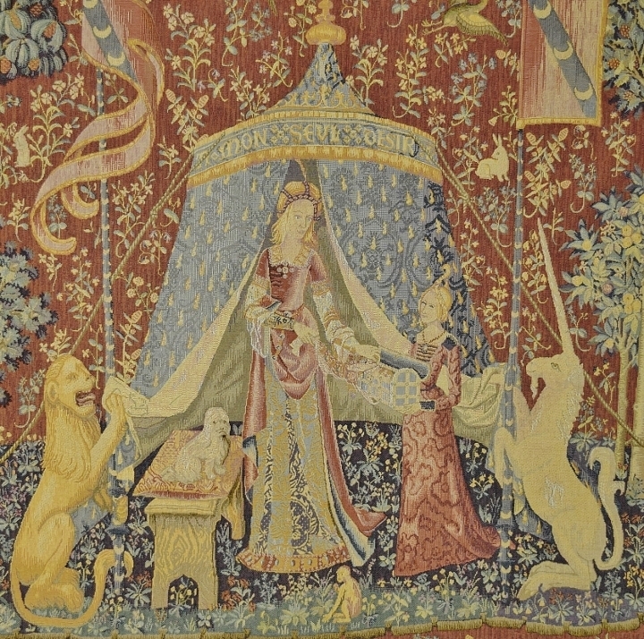 B1852 - Fabulous Vintage French Woven Tapestry Wall Hanging - The Lady and The Unicorn 'Desire'