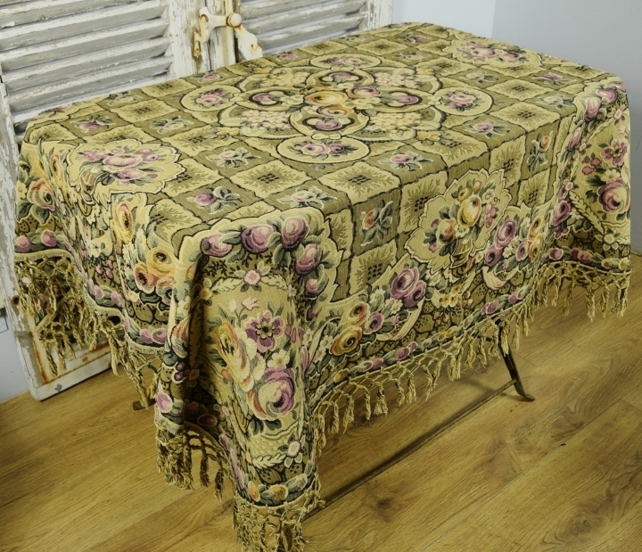 B1856 - Gorgeous Antique French Roses Tapestry Tablecloth / Throw, Tasseled Trim, Circa 1920