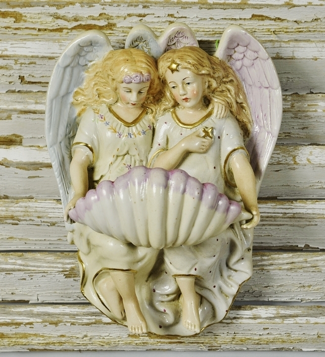 B1863 - Gorgeous Antique Religious Bisque Benitier, Two Beautiful Winged Angels & Shell
