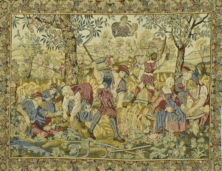 B1892 - Fantastic Vintage French Woven Tapestry Wall Hanging,  Medieval Harvesting Scene