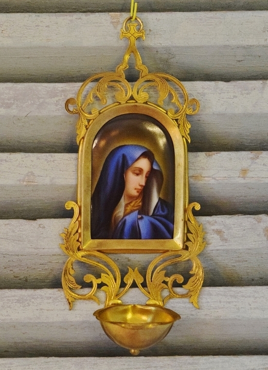 B1899 - Divine Antique French Religious Benitier, Porcelain Plaque Virgin Mary, 19th Century