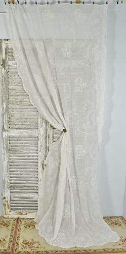 B1905 - Beautiful Antique French Fine Muslin, Cornely Lace Long Curtain / Drape 19th C