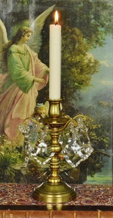B1920 - Beautiful Antique French Brass Candle Girandole / Candlestick With Crystals
