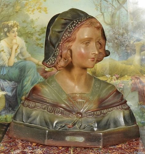 B1922 - Gorgeous Antique French Plaster Bust, Pretty Country Maiden In Bonnet C1900