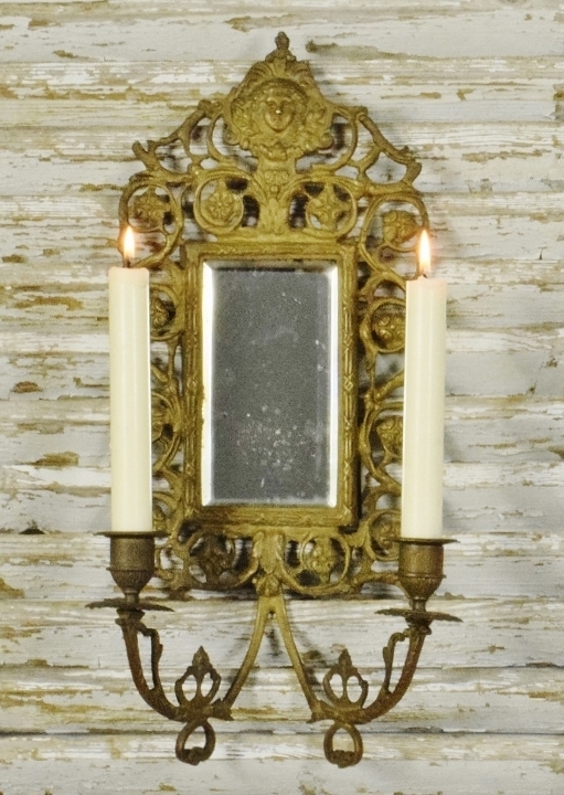 B1928 - Sublime Antique French Two Arm Spelter Candle Wall Sconce, Bevelled Mirror 19th Century