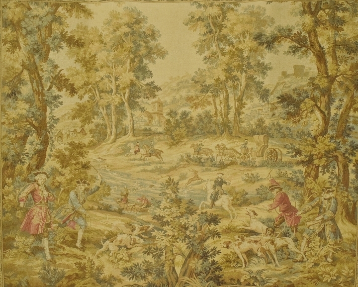 B1945 - Fabulous Large Vintage French Woven Tapestry Wall Hanging, 18th Century Hunting Scene
