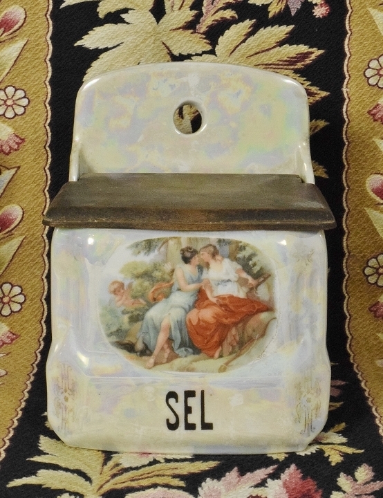 B1962 - Gorgeous Vintage French Porcelain Salt Jar With Lid, Greek Maidens & Cherub