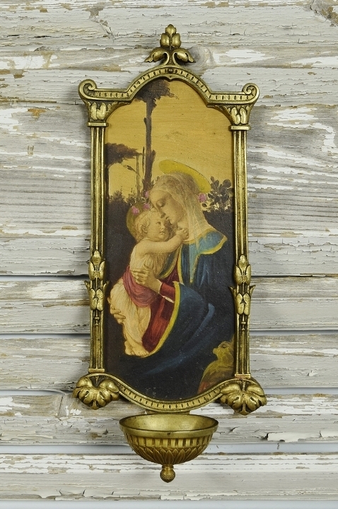 B1963 - Beautiful Antique French Religious Benitier, Virgin Mary & Jesus Painted On Wood