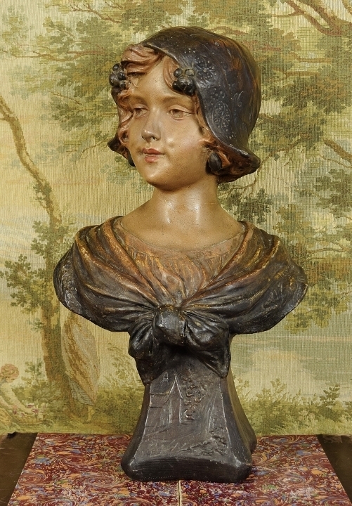 B1964 - Fabulous Large Antique French Plaster Bust, Country Maiden In Bonnet, Circa 1900