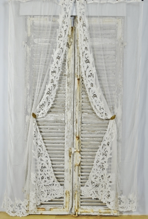 B1969 - Heavenly Pair Long Antique French Luxeuil Lace & Tulle Curtains / Drapes, Circa 1920