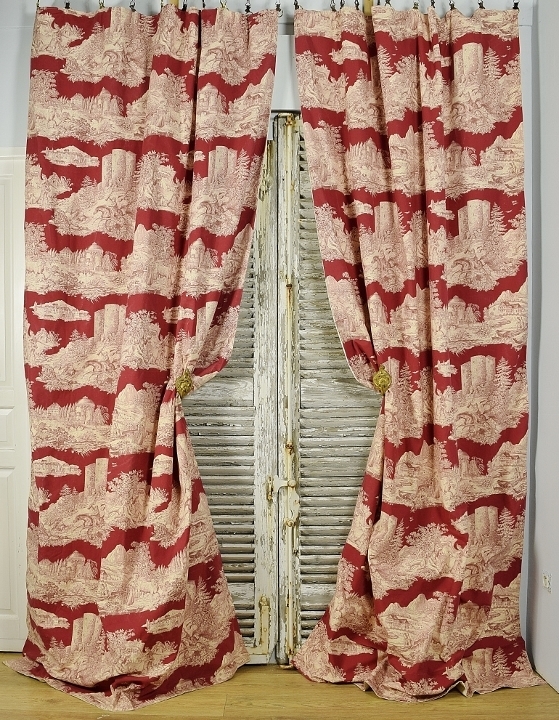B1971 - Fabulous Pair Long Vintage French Heavy Cotton Toile Chateau Curtains / Drapes