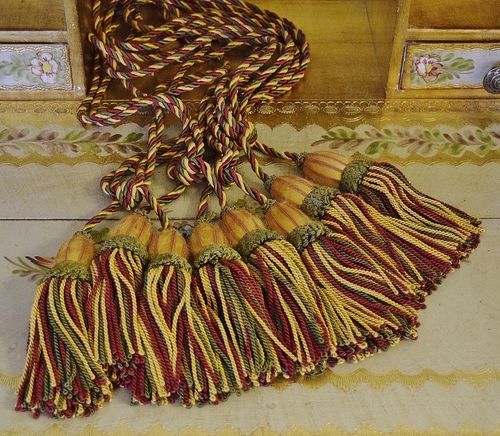 B1974 - SET 4 Vintage French Rope & Tassel Curtain Tie / Hold Backs, Red, Green & Gold