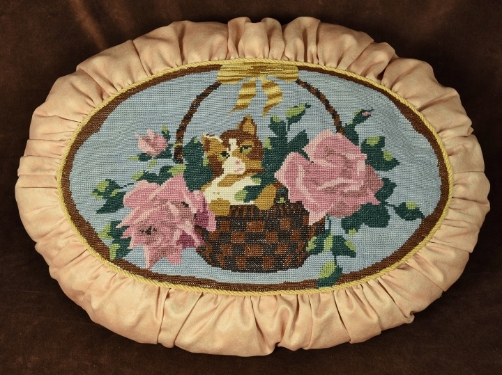 B1977 - Charming Large Antique French Needlepoint Cushion, Kitten In A Basket & Roses