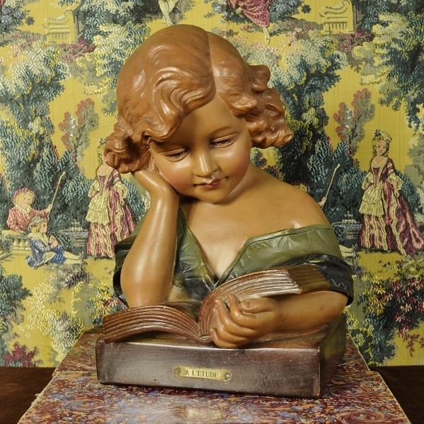 B1978 - Gorgeous Antique French Plaster Bust, "A L'Etude", Girl At Study, Early 1900's
