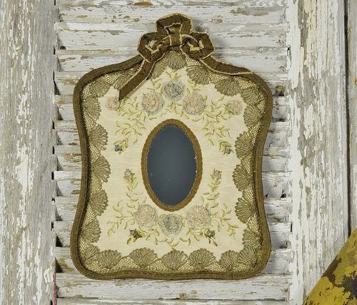 B1980 - Exquisite Antique French Hand Embroidered Moire Silk Mirror, Ribbonwork Flowers