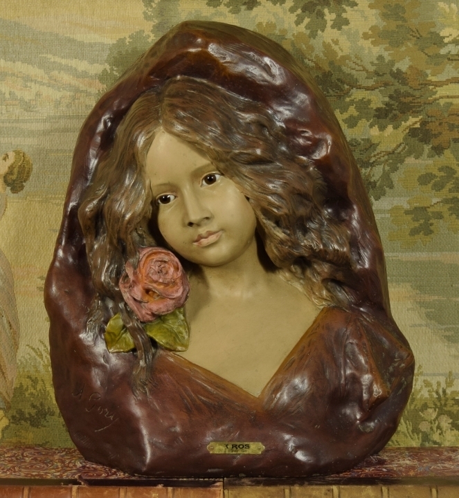 B1986 - Fantastic Rare Antique Art Nouveau Plaster Bust With Glass Eyes, LA ROSE par Gory