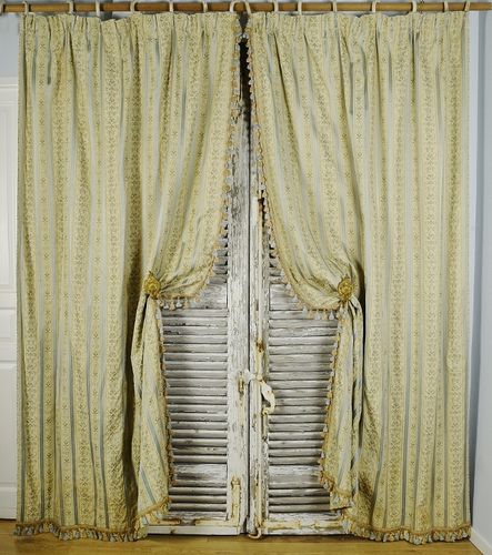 B2002 - Sublime Pair Long Vintage French Brocade & Satin Curtains / Drapes, Tassel Trim